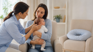 Osteopata valuta delicatamente testa e postura di un neonato tenuto in braccio dalla mamma.