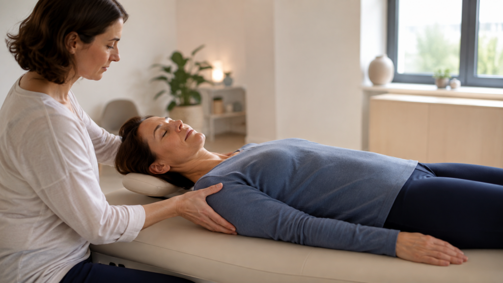Osteopata esegue un trattamento manuale delicato sulla spalla di una donna distesa sul lettino.