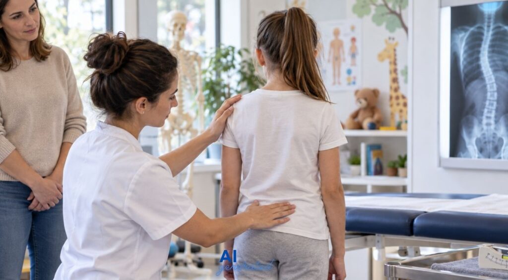 Osteopata valuta la postura e la simmetria della schiena di una bambina con sospetta scoliosi, affiancata dalla madre.